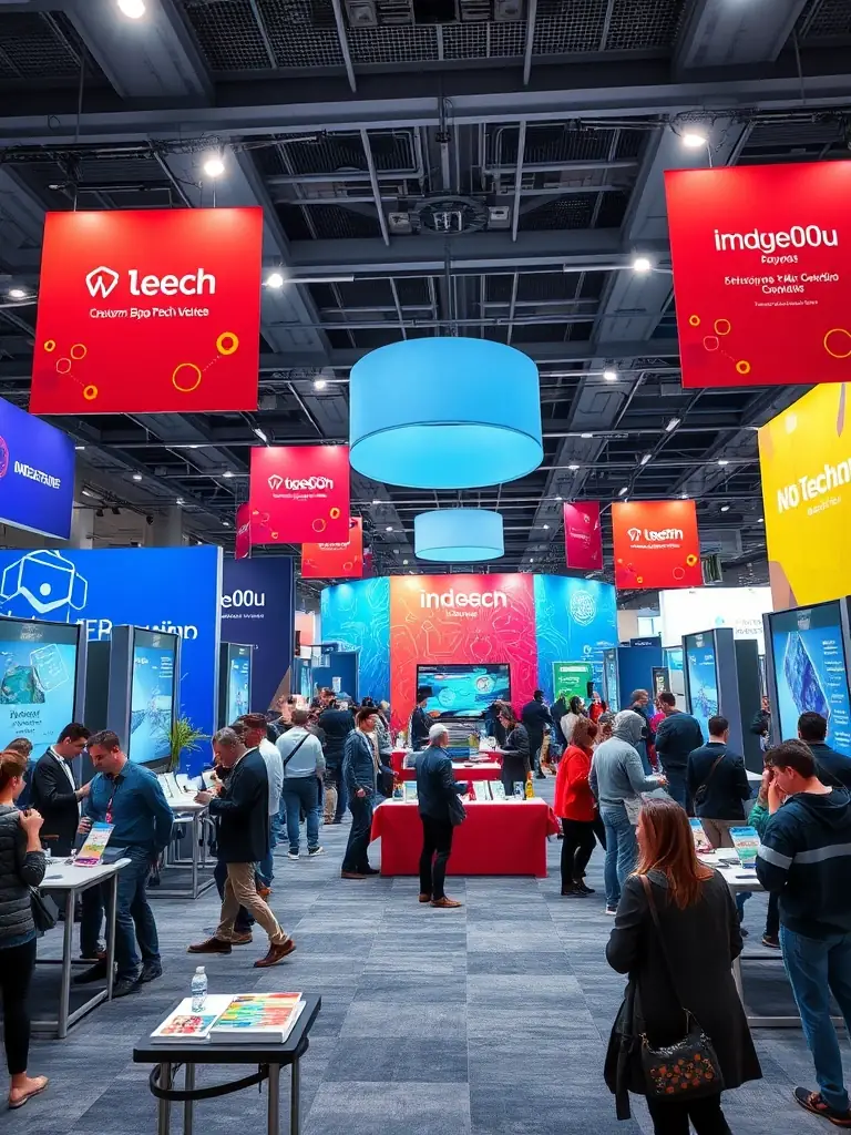 A photograph of the Innovations Summit's exhibition hall, showcasing innovative startups and their cutting-edge technologies to potential investors and partners.