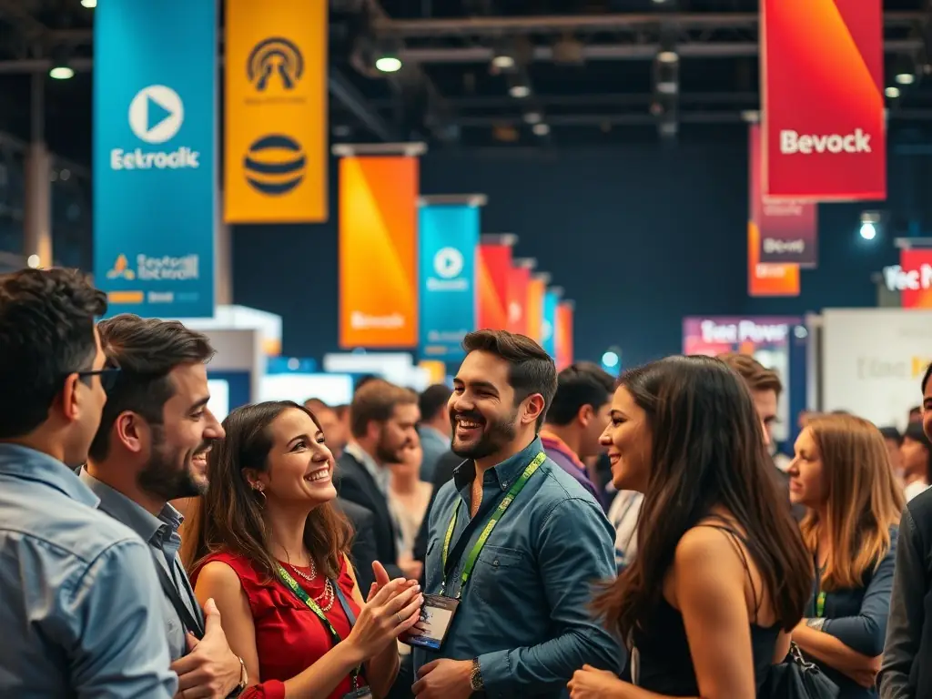 A photograph of a diverse group of conference attendees networking and discussing session topics during a break at a tech conference in India.