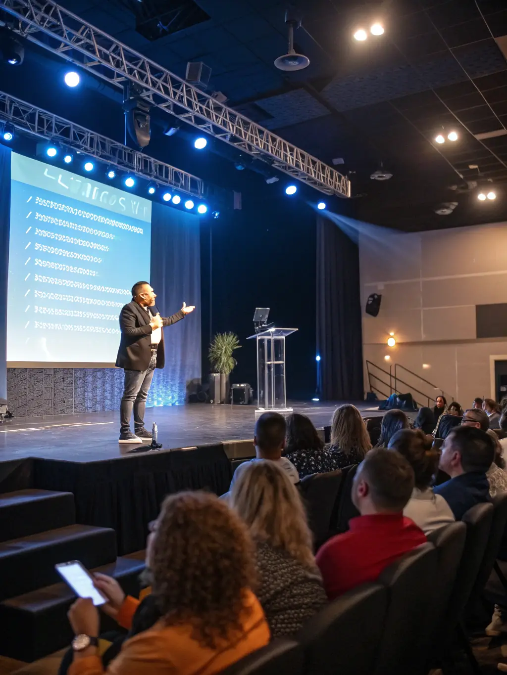 A photograph capturing the keynote speaker delivering an engaging presentation at the Innovations Summit, with the audience attentively listening and taking notes.