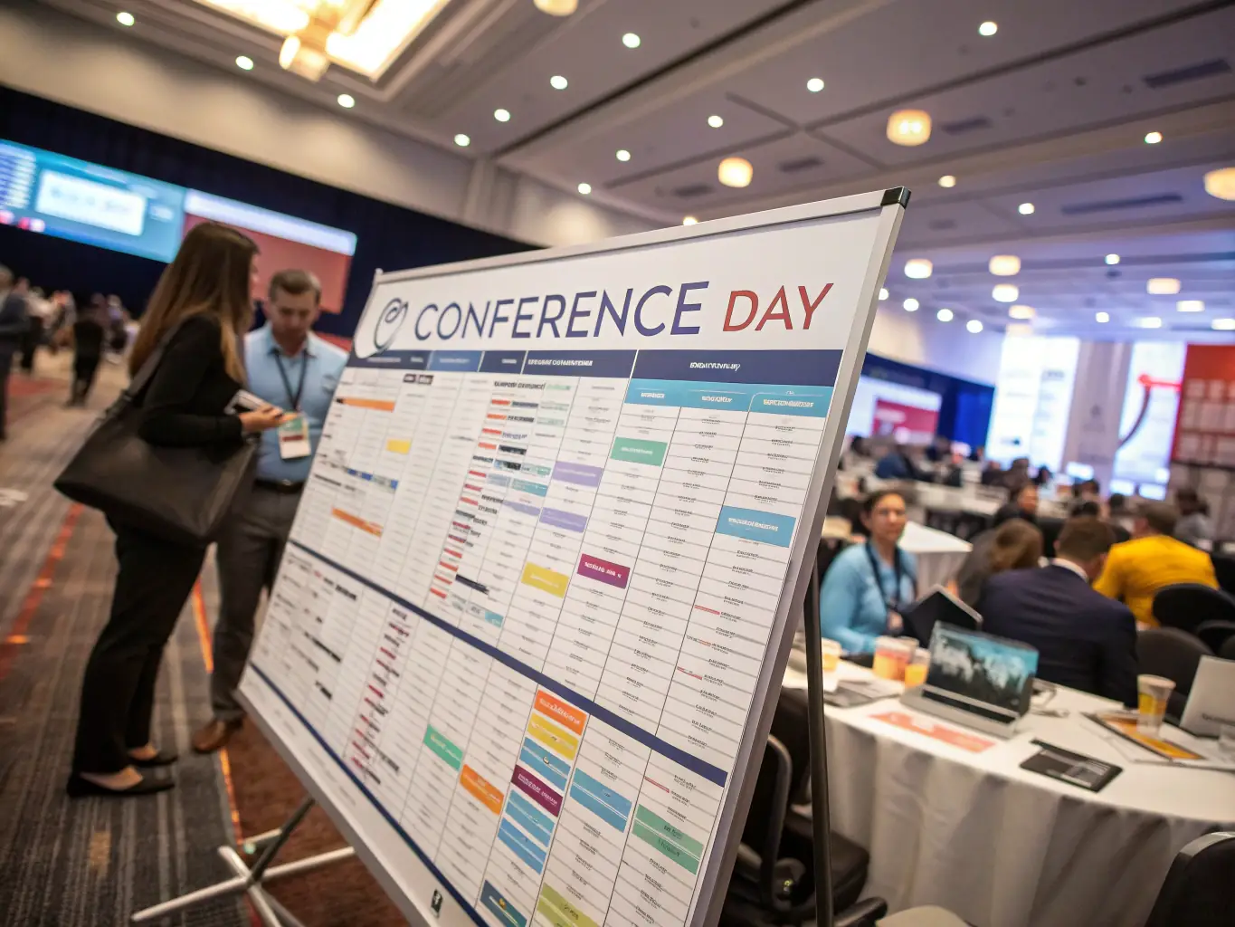 A photograph showcasing a detailed conference schedule board with session timings, speaker names, and venue details at a tech conference in India.
