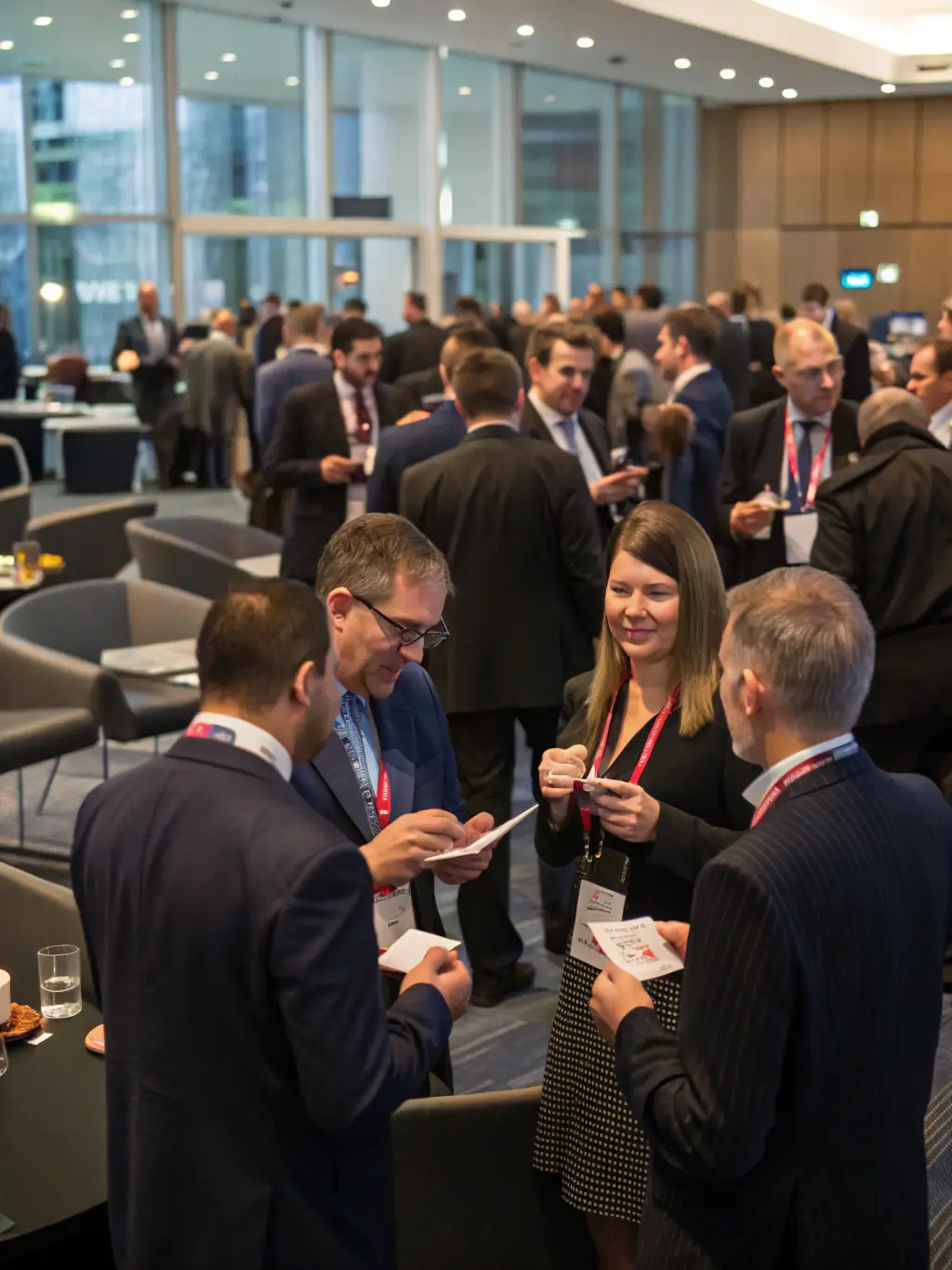 A candid shot of attendees networking during a coffee break at the Innovations Summit, showcasing vibrant interactions and business card exchanges.